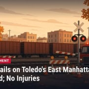 Illustration of a railroad crossing with lowered gates, freight cars and a fire engine, with the headline: Train Derails on Toledo's East Manhattan Boulevard; No Injuries